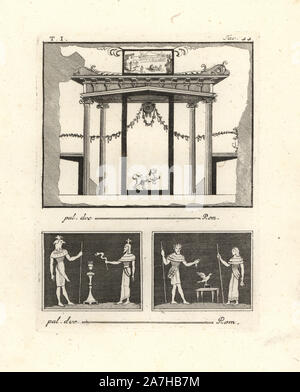 Architektonische Bild einer Apsis. Die Säulen haben ionische Kapitelle aber keine Basen, und das Gesims hat dekorativen Konsolen und Triglyphen näher an den Dorischen. Im Folgenden sind zwei Motive, die ägyptischen Götter: Osiris und Priester und Schlange und Osiris und Isis. Kupferstich von Tommaso Piroli aus seiner eigenen'Antichita di Ercolano" (altertümer von Herculaneum), Rom, 1789 eingraviert. Italienischen Maler und Kupferstecher Piroli (1752-1824) veröffentlicht sechs Bände zwischen 1789 und 1807 dokumentieren die Wandmalereien und Bronzen in Heraculaneum und Pompeji gefunden. Stockfoto