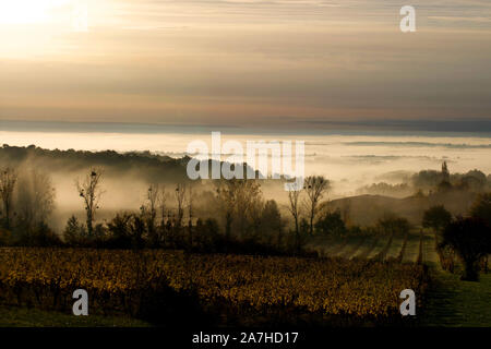 Sonne über dem Nebel in der Dropt Tal in Richtung Lauzun Stockfoto