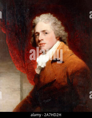 Bildnis eines Herrn, halber Länge, in einem braunen und weißen Stock, ein roter Vorhang hinter - John Hoppner. Der sitter hat traditionell gekennzeichnet worden, wie Richard Brinsley Sheridan (1751-1816) Stockfoto