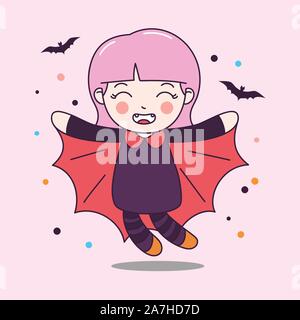 Cute Dracula Mädchen mit bat Vektor-illustration Fliegen Stock Vektor