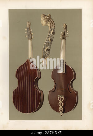 Viola da Gamba oder baßgambe mit geschnitztem Elfenbein, Kopf und Hals. Chromolithograph aus einer Abbildung von William Gibb von A.J. Hipkins ''Musical Instrumente, historischen, seltenen und einzigartigen "Adam und Karl Schwarz, Edinburgh, 1888. Alfred James Hipkins (1826-1903) war ein englischer Musikwissenschaftler, die in der Geschichte der Klavier und andere Instrumente spezialisiert. William Gibb war ein Meister Illustrator und chromolithographer und Illustrierte "das Königshaus von Stuart' (1890), "Naval und militärischen Trophäen' (1896) und andere. Stockfoto