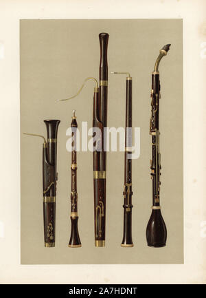 Fivizzano (Fagott mit einem einzigen Reed), Oboe, Fagott (vom Bass pommer entwickelt von Afranio in Ferrara 1539), Oboe da caccia (Fagott angehoben ein 4. in der Tonhöhe) und Bassetthorn (alto Klarinette, im Jahr 1770 erfunden). Chromolithograph aus einer Abbildung von William Gibb von A.J. Hipkins ''Musical Instrumente, historischen, seltenen und einzigartigen "Adam und Karl Schwarz, Edinburgh, 1888. Alfred James Hipkins (1826-1903) war ein englischer Musikwissenschaftler, die in der Geschichte der Klavier und andere Instrumente spezialisiert. William Gibb war ein Meister Illustrator und chromolithographer und Illustrierte "Die Royal Stockfoto