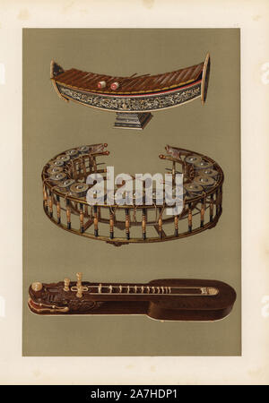 Thai harmonicons: Ranat ek und Khong Yai (Xylophone) und Ta'khay. Chromolithograph aus einer Abbildung von William Gibb von A.J. Hipkins ''Musical Instrumente, historischen, seltenen und einzigartigen "Adam und Karl Schwarz, Edinburgh, 1888. Alfred James Hipkins (1826-1903) war ein englischer Musikwissenschaftler, die in der Geschichte der Klavier und andere Instrumente spezialisiert. William Gibb war ein Meister Illustrator und chromolithographer und Illustrierte "das Königshaus von Stuart' (1890), "Naval und militärischen Trophäen' (1896) und andere. Stockfoto