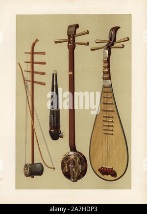 Chinesische Streicher und Holzbläser: Huch' in (Erhu oder Geige), Sheng (reed Mundharmonika), SAN-hsien (3-string Banjo) und Pipa (Ballon Gitarre oder Laute). Chromolithograph aus einer Abbildung von William Gibb von A.J. Hipkins ''Musical Instrumente, historischen, seltenen und einzigartigen "Adam und Karl Schwarz, Edinburgh, 1888. Alfred James Hipkins (1826-1903) war ein englischer Musikwissenschaftler, die in der Geschichte der Klavier und andere Instrumente spezialisiert. William Gibb war ein Meister Illustrator und chromolithographer und Illustrierte "das Königshaus von Stuart' (1890), "Naval und militärischen Trophäen' (1896), und Stockfoto