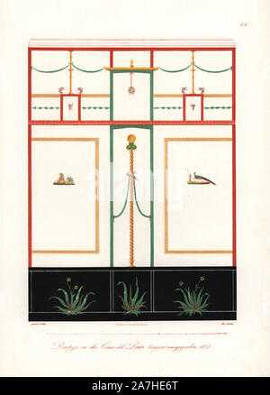 Wandmalereien aus dem Haus des Tragischen Dichters, Casa del Poeta Tragico, Pompeji (ca. 300 v. Chr. bis AD 79), im Jahr 1825 ausgegraben. Papierkörbe Lithographie von Konter aus einer Abbildung von Wilhelm Zahn in seinem eigenen 'Ornamente aller klassischen Kunst-Epochen nach den Originalen in Human Eigenthumlichen Farben dargestellt" (Ornamente aller klassischen Kunst Epochen nach dem Originale und in der richtigen Farbe dargestellt.), Dietrich Reimer, Berlin, 1870. Es umfasst Innenausstattung von Giulio Romano im Palazzo del Te, Mantua, mittelalterlichen Mosaiken in Sizilien, und Römische Wandmalereien aus Pompeji und Herculaneum. Stockfoto