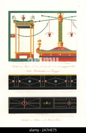 Wandmalereien aus dem Haus des Kaisers Franz II., Casa dell'Imperatore Francesco secondo, und Wandmalereien aus der Nähe des Forums in Pompeji (ca. 300 v. Chr. bis AD 79), im Jahr 1819 ausgegraben. Papierkörbe Lithographie von Dettmers aus eine Illustration von Wilhelm Zahn in seinem eigenen 'Ornamente aller klassischen Kunst-Epochen nach den Originalen in Human Eigenthumlichen Farben dargestellt" (Ornamente aller klassischen Kunst Epochen nach dem Originale und in der richtigen Farbe dargestellt.), Dietrich Reimer, Berlin, 1870. Es umfasst Innenausstattung von Giulio Romano im Palazzo del Te in Mantua, mittelalterliche Mosa Stockfoto