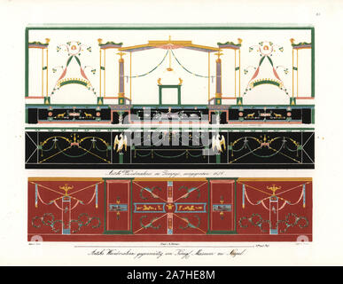 Wandbilder von Häuser in Pompeji (ca. 300 v. Chr. bis AD 79): Obere und untere Wandmalereien aus einem Haus auf der Strada della Fortuna in Pompeji, und eine rote Wandbild wahrscheinlich aus Heraculaneum unten, jetzt in das Königliche Museum von Neapel. Papierkörbe Lithographie von Brose aus eine Illustration von Wilhelm Zahn in seinem eigenen 'Ornamente aller klassischen Kunst-Epochen nach den Originalen in Human Eigenthumlichen Farben dargestellt" (Ornamente aller klassischen Kunst Epochen nach dem Originale und in der richtigen Farbe dargestellt.), Dietrich Reimer, Berlin, 1870. Es umfasst Innenausstattung von Giulio Romano, in der Pa Stockfoto