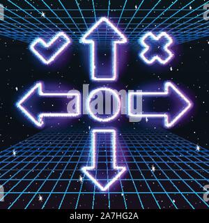 Pfeil oder Cursor-Symbole mit Retro 80s neon Spiel Stil Stock Vektor