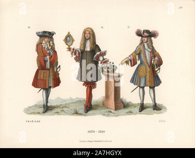Die Adligen des späten 17. Jahrhunderts. Der Mann in der Mitte ist der französische König Ludwig XIV., der Sonnenkönig, aus einem Ölgemälde auf Alabaster in Heidelberg. Die anderen Männer sind französische Kavaliere aus der Herrschaft von Louis XVI. Von Hefner-Alteneck Chromolithograph's 'Kostüme, Kunstwerke und Geräte vom Mittelalter bis in das 18. Jahrhundert", Frankfurt, 1889. Illustration von Dr. Jakob Heinrich von Hefner-Alteneck, Lithographie von A. Volkert und von Heinrich Keller veröffentlicht. Dr. Hefner-Alteneck (1811 - 1903) war ein deutscher Kurator, Archäologe, Kunsthistoriker, Zeichner und Kupferstecher. Stockfoto