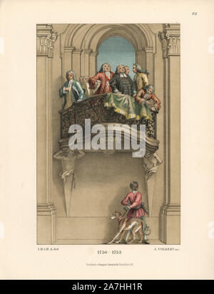Mitte des 18. Jahrhunderts Deutsche männliche Mode von Staatsbeamten, getragen von einem Wandgemälde des venezianischen Künstlers Tiepelo in Würzburg schloss. Unter dem Balkon ist ein schwarzer Diener Junge mit einem Jagdhund. Von Hefner-Alteneck Chromolithograph's 'Kostüme, Kunstwerke und Geräte vom Mittelalter bis in das 18. Jahrhundert", Frankfurt, 1889. Illustration von Dr. Jakob Heinrich von Hefner-Alteneck, Lithographiert von A. Volkert, und von Heinrich Keller veröffentlicht. Dr. Hefner-Alteneck (1811 - 1903) war eine Deutsche, die die Kuratorin des Museums, Archäologe, Kunsthistoriker, Zeichner und Kupferstecher. Stockfoto