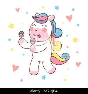 Süße Einhorn Pferd spielen Maracas. Vector Illustration, gut für T-Shirt. Stock Vektor