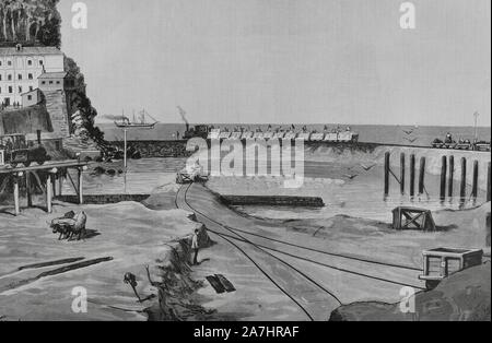 España. País Vasco. Estado de Guipúzcoa. San Sebastián. El Ensanche oriental de la Ciudad. Construcción y Urbanización. Strukturelle Perspektive de los trabajos desde el Puente de Santa Catalina. Dibujo del Natürliche por Juan Comba. Grabado por Vela. La Ilustración Española y Americana, 8 de Mayo de 1884. Stockfoto