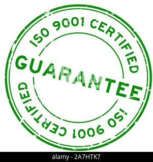 Grunge grün iso 9001 garantieren Wort runde Gummidichtung Stempel auf weißem Hintergrund Stock Vektor