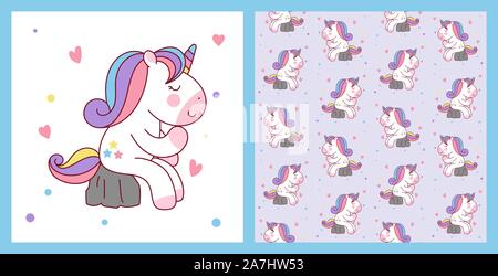 Cute Cartoon Einhorn Sitzen auf dem Stein wie ein Denker. Vector Illustration und Muster Hintergrund Stock Vektor