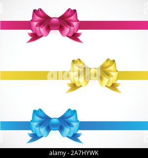 Satz von Geschenk Bögen mit Bändern. Rosa, Gold und Blau. Stock Vektor