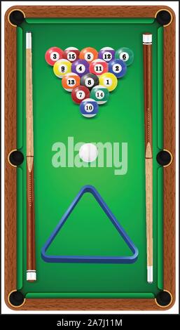 Billard. Billard Kugeln, Cue und Billard Dreieck in einem Billardtisch. Vector Illustration Stock Vektor