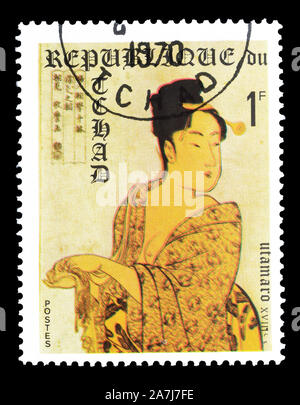 Storniert Briefmarke gedruckt von Tschad, das zeigt Gemälde von Utamaro, circa 1972. Stockfoto