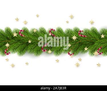 Frohe Weihnachten und guten Rutsch ins neue Jahr. Weihnachten Ästen verziert mit goldenen Sternen und Zuckerstangen. Urlaub Dekoration Element auf weißem Backgroun Stock Vektor