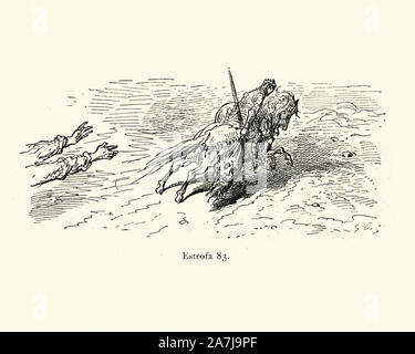 Jahrgang Illustration aus der Geschichte Orlando Furioso. Held Ritter dtealing die Riesen Kopf. Orlando Furioso (der Rausch der Orlando) ein Italienisches episches Gedicht von Ludovico Ariosto, von Gustave Dore dargestellt. Die Geschichte ist auch ein ritterlichen Romantik, die von einer Tradition Anfang im späten Mittelalter stammten. Stockfoto