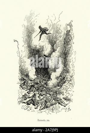 Jahrgang Illustration aus der Geschichte Orlando Furioso. Held Ritter über die bobies von vanquish Feinde. Orlando Furioso (der Rausch der Orlando) ein Italienisches episches Gedicht von Ludovico Ariosto, von Gustave Dore dargestellt. Die Geschichte ist auch ein ritterlichen Romantik, die von einer Tradition Anfang im späten Mittelalter stammten. Stockfoto