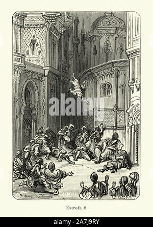 Jahrgang Illustration aus der Geschichte Orlando Furioso. Mann Fallen zu seinem Tod von einem Turm. Orlando Furioso (der Rausch der Orlando) ein Italienisches episches Gedicht von Ludovico Ariosto, von Gustave Dore dargestellt. Die Geschichte ist auch ein ritterlichen Romantik, die von einer Tradition Anfang im späten Mittelalter stammten. Stockfoto