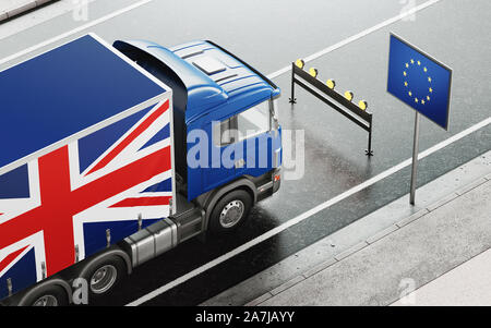 Brexit Konzept. Englisch Lkw hielt vor der Europa Fahne. 3D-Rendering Stockfoto