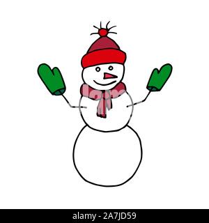 Schneemann mit Hut, Schal und Handschuhe. Bunte Umrisse auf weißem Hintergrund. Bild kann in Weihnachten und Neujahr Grußkarten, Poster, Flyer, Banner, Logo etc. Vector Illustration. EPS 10. Stock Vektor