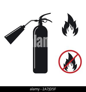 Flache Design schwarz Feuerlöscher mit Düse silhouette Symbol, Feuer und kein Feuer Zeichen durchgestrichen im Kreis auf weißem isoliert. Stock Vektor