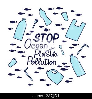 Stop Ozean Kunststoff Verschmutzung handgezeichneten Schriftzug Phrase. Plastik Müll, Beutel, Flasche, Kunststoff cutleryin conteners, strohhalme und den Ozean. Vector Illustration in doodle Stil. Ozean Konzept Schützen Stock Vektor