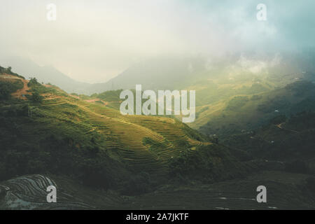 Schöne misty Sonnenaufgang über Reisterrassen in Sapa, Nordvietnam Stockfoto