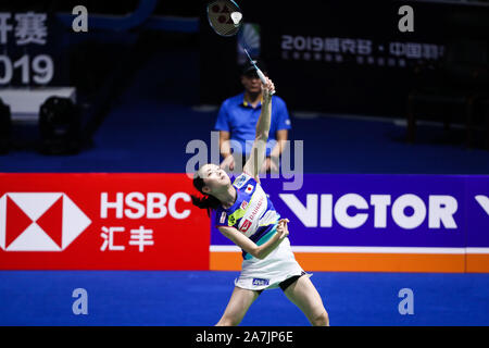 Japanische professionelle Badminton Spieler Aya Ohori konkurriert gegen Hong Kong Badmintonspieler Cheung Ngan Yi an der ersten Runde der Frauen single von VI Stockfoto