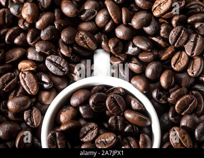 Weiße Tasse voll von Kaffeebohnen und von Kaffeebohnen umgeben. Konzeptionelle Bild. Stockfoto