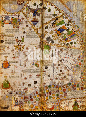 Katalanischer Atlas, mittelalterliche Weltkarte, erstellt im Jahr 1375. Fragment. Reproduktion im Museum des Hauses von Columbus, Valladolid, Spanien Stockfoto