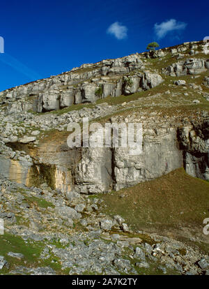 View SE zu Creigiau Eglwyseg Karbon Kalkstein Steilhang NE von Llangollen, Denbighshire, Wales, Großbritannien, von Offa's Dyke Path über Rock Farm. Stockfoto