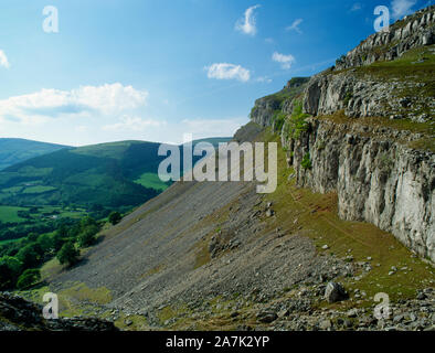 Anzeigen NNW Suche entlang Creigiau Eglwyseg Karbon Kalkstein Steilhang NE von Llangollen, Denbighshire, Wales, UK, von oben Rock Farm. Stockfoto