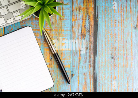 Minimalistische flach Zusammensetzung von Buch, Füllfederhalter und Anlage auf dem Holztisch, Ansicht von oben Stockfoto