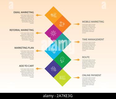Online Bildung Online Infografiken vektor design. Timeline Konzept gehören Video Tutorials, e-Learning, Kompetenzentwicklung Symbole. Kann verwendet werden für Stock Vektor