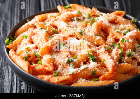 Penne Alla Vodka ist zart Pasta in eine reichhaltige und köstliche Tomaten, Wodka und Sahnesauce geworfen, alle mit Parmesan schließen aufgestockt in eine Platte auf Stockfoto