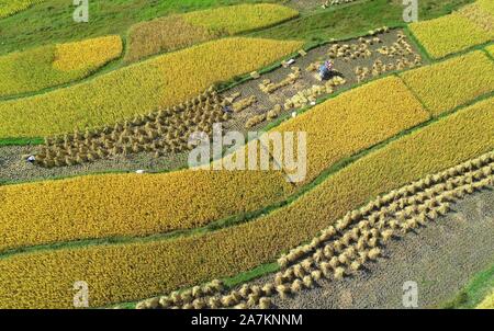 Luftaufnahmen von Ackerland, auf dem Bauern die Ernte an Huaxi Bezirk der Stadt Guiyang, Provinz Guizhou im Südwesten Chinas, 24. September 2019. *** Lo Stockfoto