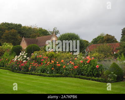 Schöne gebogene Anlage Grenze mit orange, pink und kirschrot Dahlien an chenies Manor Garden verpackt im Spätsommer; auch weiße Rosen, Formgehölze, Pavillon. Stockfoto