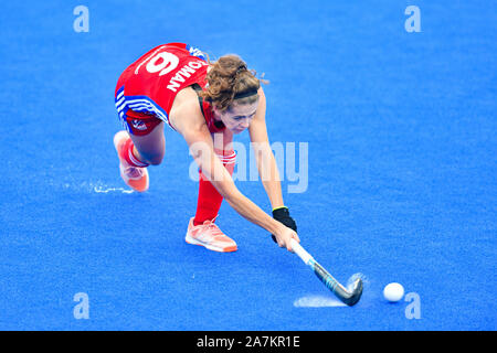 London, Großbritannien. 3 Nov, 2019. Anna Toman von Großbritannien in Aktion während der fih Olympic Qualifier Match: Großbritannien vs Chile (Frauen) an Lea Valley Hockey und Tennis Center am Sonntag, November 03, 2019 in London, England. Credit: Taka G Wu/Alamy leben Nachrichten Stockfoto