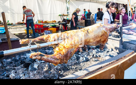 Samara, Russland - 5. Oktober 2019: AAS Kochen Lamm am Spieß über glühende Holzkohlen im Freien während des Urlaubs. Traditionelle serbische rösten Lamm oder Stockfoto