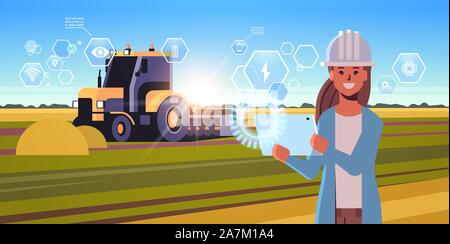 Frau Bauer mit Tablet regelungstechnische Traktor pflügen Feld Smart Farming moderne Technik Organisation der Ernte Anwendung Konzept Landschaft Hintergrund waagrechten portrait Vector Illustration Stock Vektor