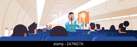 Steward erklären, Passagiere, wie Jacke Schwimmweste in Notsituationen african american Flight Attendants Sicherheit demonstration Konzept moderne Flugzeug der inneren horizontalen flachen Vector Illustration verwenden Stock Vektor