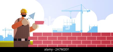 Männliche Builder mit Spachtel workman Festlegung Mauer Arbeiter in Uniform Building Konzept bau Maurer website Hintergrund Flachbild portrait horizontale Vektor illustration Stock Vektor