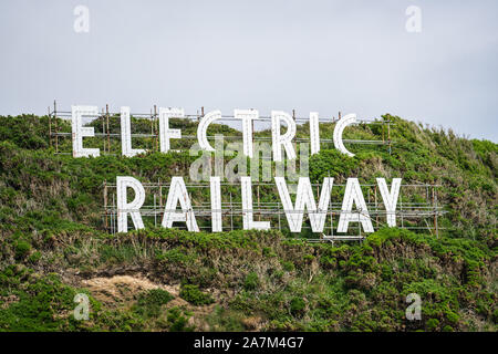 Laxey, Insel Man, 15. Juni 2019. Die Manx Electric Railway logo Stockfoto