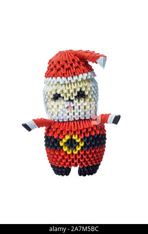 3D-origami Santa Claus Weihnachtsmann Dekoration auf weißem Hintergrund. Beschneidungspfad enthalten. Stockfoto