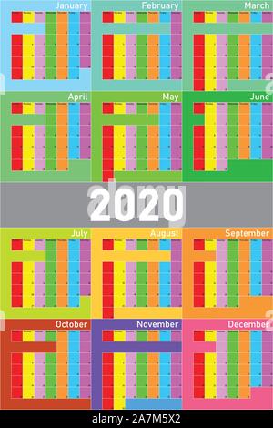 2020 Kalender Planer Veranstalter grosse editierbare Farbraum Wochentag und Monat Stock Vektor