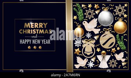 Weihnachten Banner oder Postkarte mit Kugeln, Kiefer, Engel und Schneeflocken. Vektor. Stock Vektor