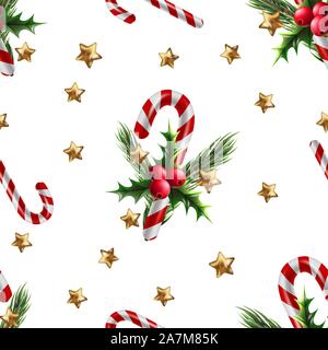Nahtlose Muster mit Weihnachten Bonbons und Stechpalme Beeren. Vektor Stock Vektor